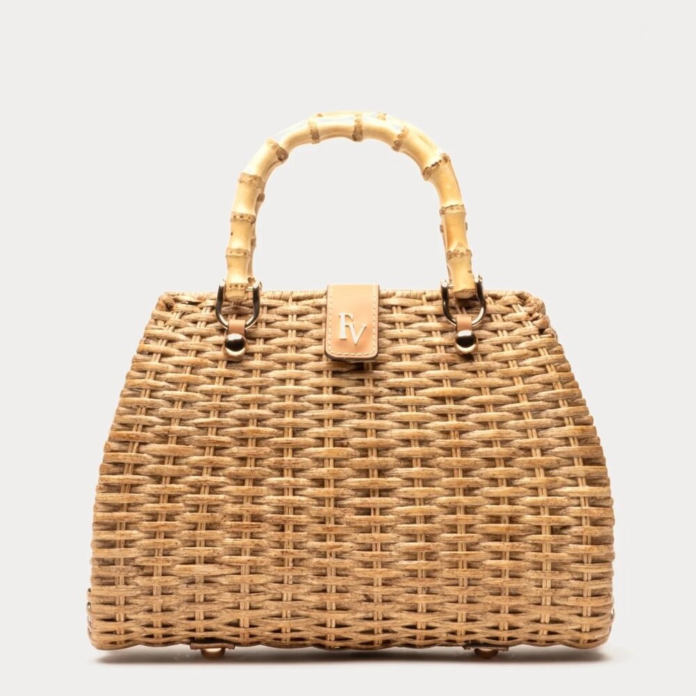 Frances Valentine Woven Rattan Handbag with Bamboo Handles in Natural Tan